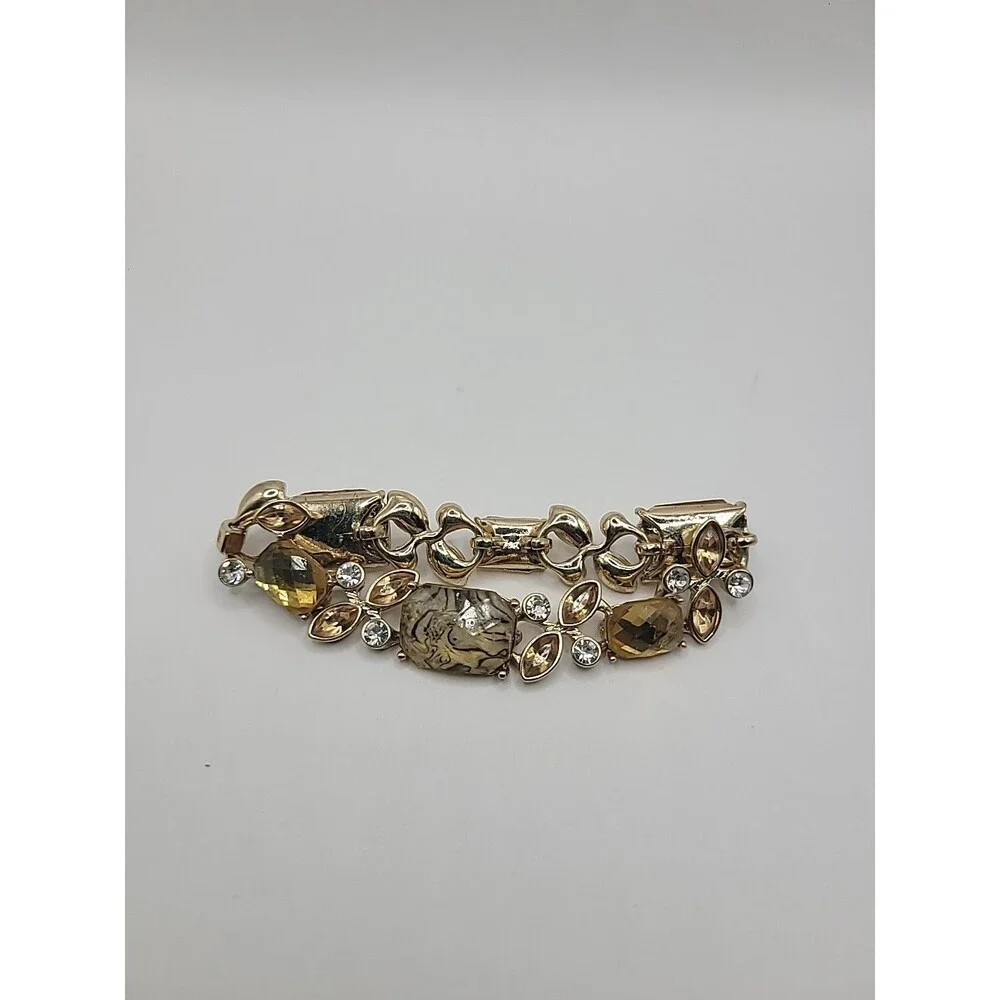 Napier Bracelet Gold Tone Amber Glass Rhinestone Link Statement Vintage Style - Picture 7 of 10